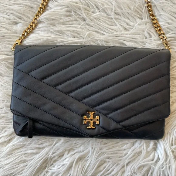 Tory Burch Black Lambskin Leather Convertible Kira Chevron Clutch Logo Bag EUC - Picture 4 of 12